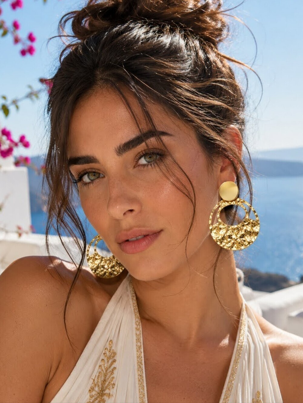 Hammered Gold Statement Drop Earrings 2.3" Circle Hoop Boho Chic Lightweight